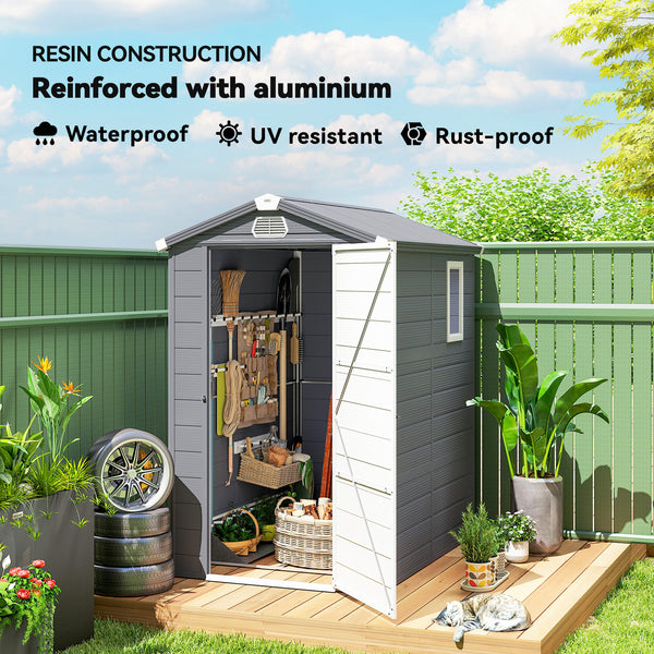 Plastic garden shed with latch door, vents, sloping roof, dark grey