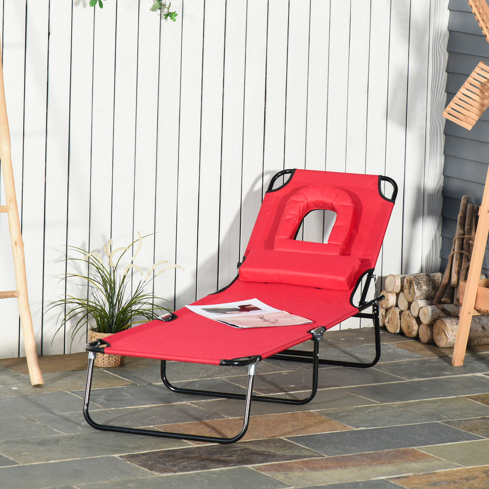 Adjustable Outdoor Lounge Chair, Garden Folding Chaise Lounge with Face Hole Reclining Tanning Chair Seat, Folding Camping Beach Lounging Bed w/ Support Pillow, Red