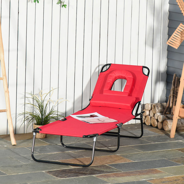 Adjustable Outdoor Lounge Chair, Garden Folding Chaise Lounge with Face Hole Reclining Tanning Chair Seat, Folding Camping Beach Lounging Bed w/ Support Pillow, Red