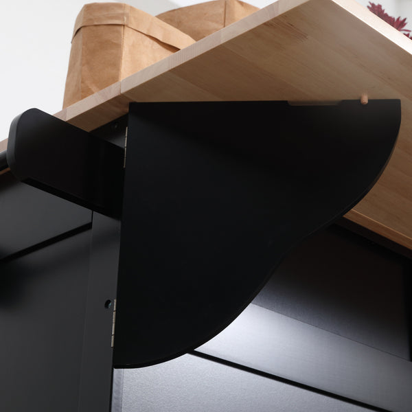 Rolling kitchen island with drop leaf, rubberwood top and adjustable shelves, black