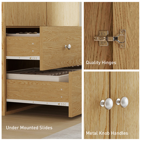 Modern wardrobe with 2 drawers and hanging rod, natural wood