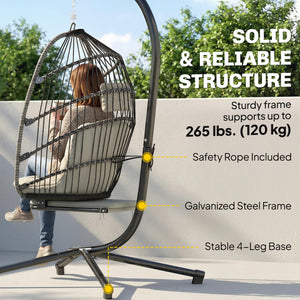 Light gray metal support egg-shaped outdoor hanging chair with retractable footrest