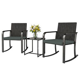 3-Piece Rocking Bistro Set with Cushions, Glass Coffee Table for Balcony, Gray