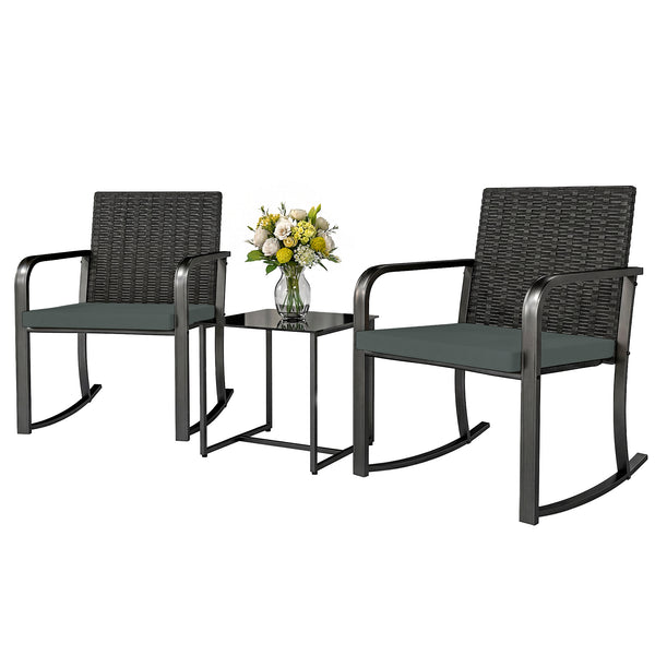 3-Piece Rocking Bistro Set with Cushions, Glass Coffee Table for Balcony, Gray