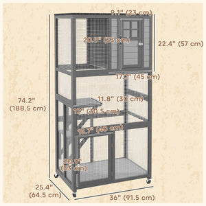Wooden cat house, weatherproof and on wheels, light grey