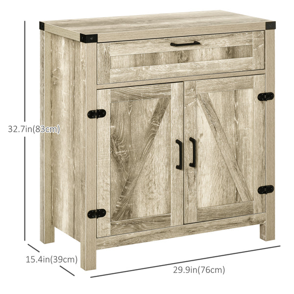 Farmhouse-style kitchen buffet with 2 rustic barn doors and a drawer, in oak