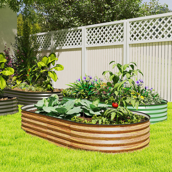 Raised outdoor planter made of galvanized steel with metal support, brown
