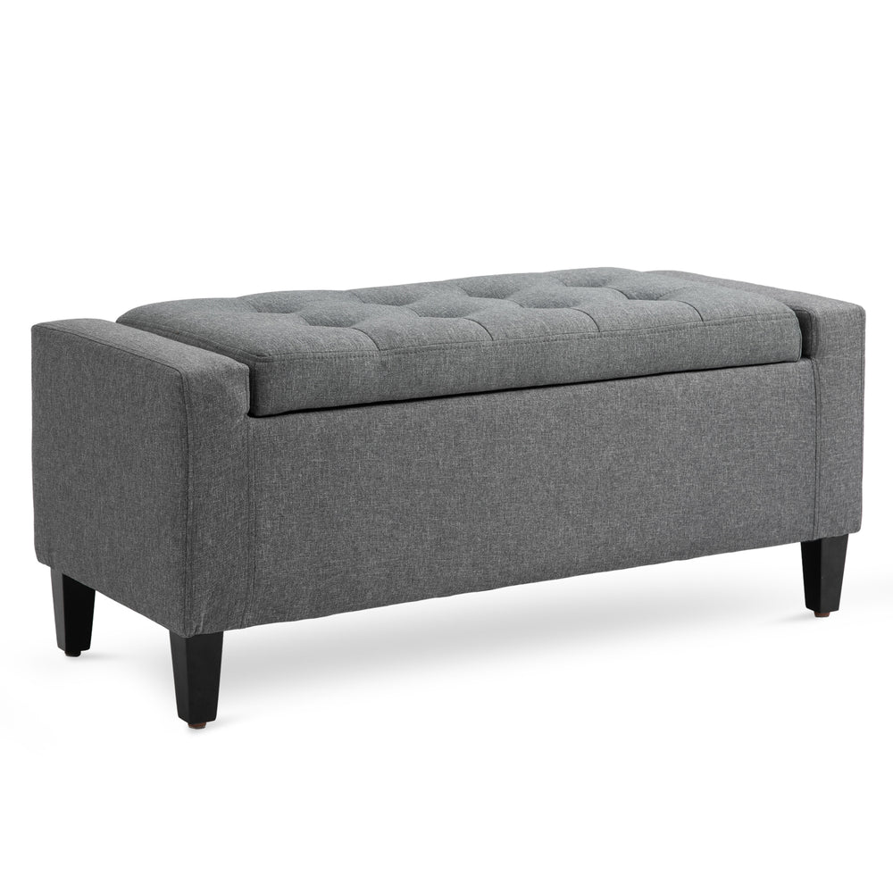 Linen-feel fabric upholstered storage ottoman bench with folding top, grey