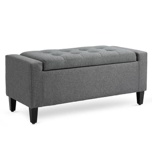 Linen-feel fabric upholstered storage ottoman bench with folding top, grey