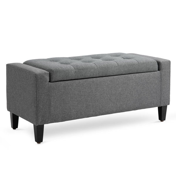 Linen-feel fabric upholstered storage ottoman bench with folding top, grey