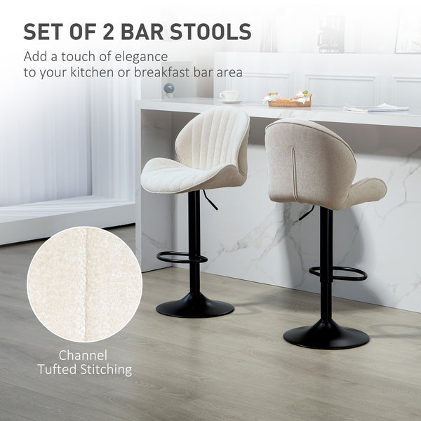 Set of 2 swivel bar stools with backrest, adjustable height and footrest, beige