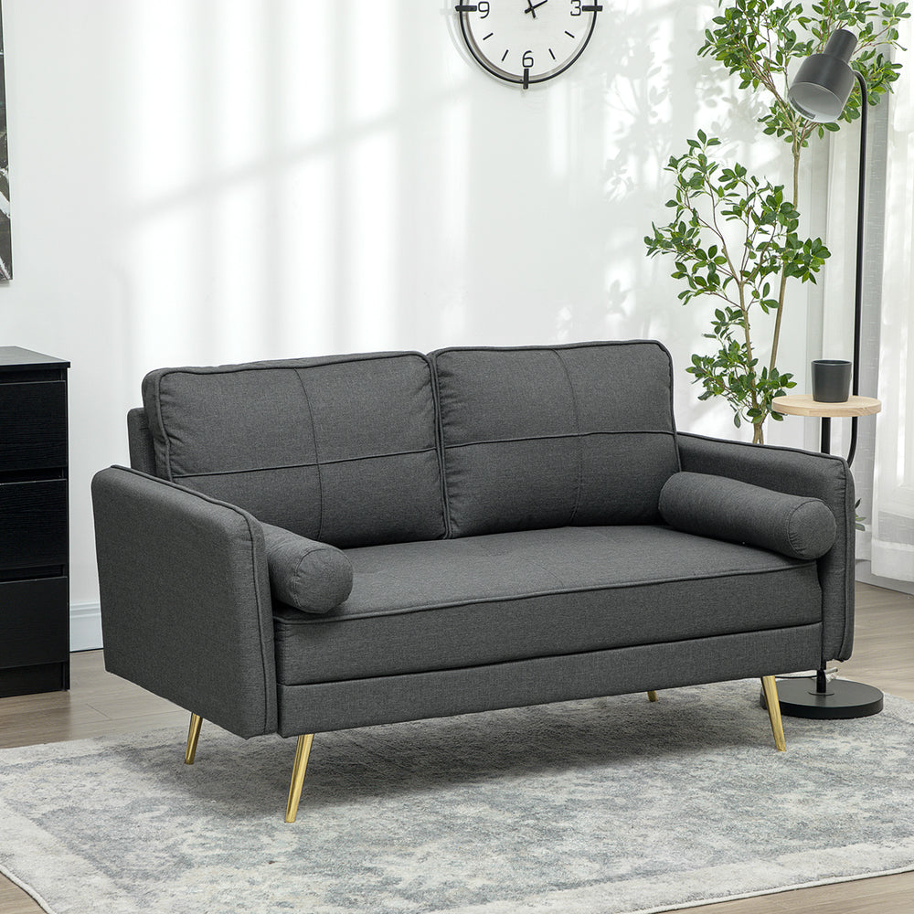 2 seater upholstered sofa with back cushions and pillows, dark grey