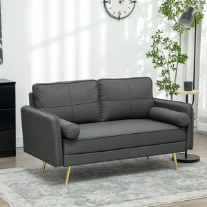 2 seater upholstered sofa with back cushions and pillows, dark grey
