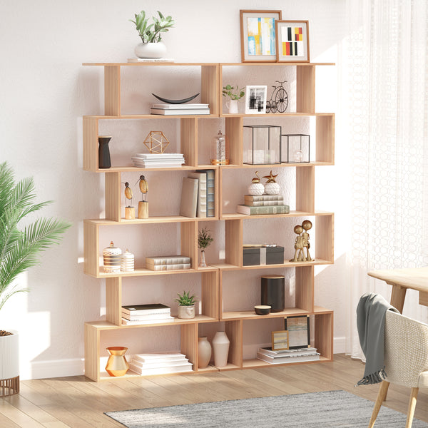 6-Tier S-Shaped Geometric Wooden Bookcase, Maple