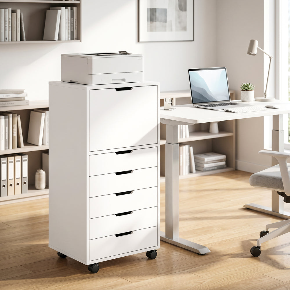 5-drawer mobile file cabinet and storage unit, white