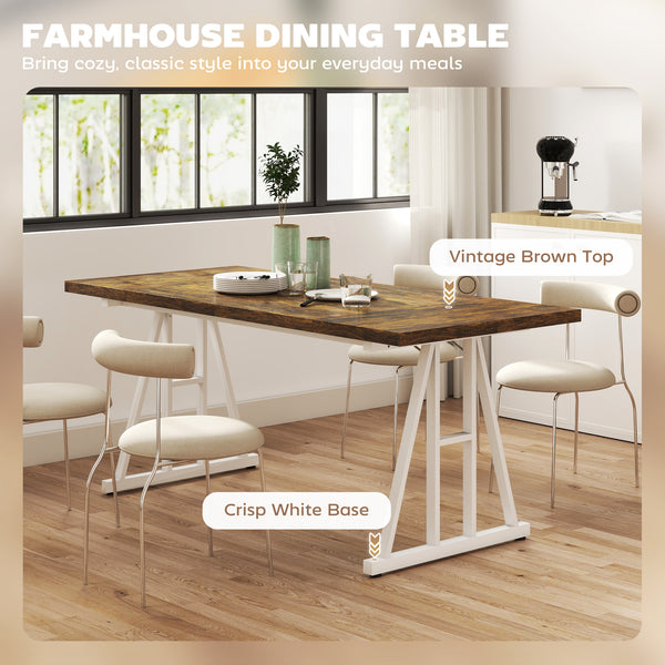 Farmhouse style kitchen table for 8 people, rectangular with thick top and steel trestle legs, brown and white