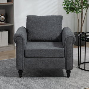 Vintage upholstered armchair with rolled armrests and rubberwood legs, dark gray