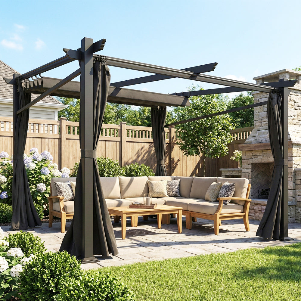 Metal pergola with sliding and retractable roof, 10 x 10, black