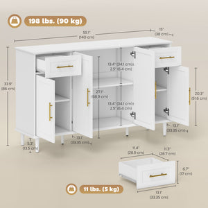 Sideboard with soft-close doors with 2 drawers, 3 adjustable shelves and 4 doors, white