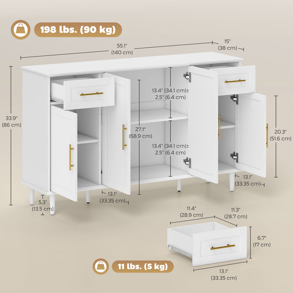 Sideboard with soft-close doors with 2 drawers, 3 adjustable shelves and 4 doors, white