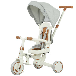 7 in 1 Tricycle with Safety Harness, Adjustable and Removable Parental Handle, Cream White