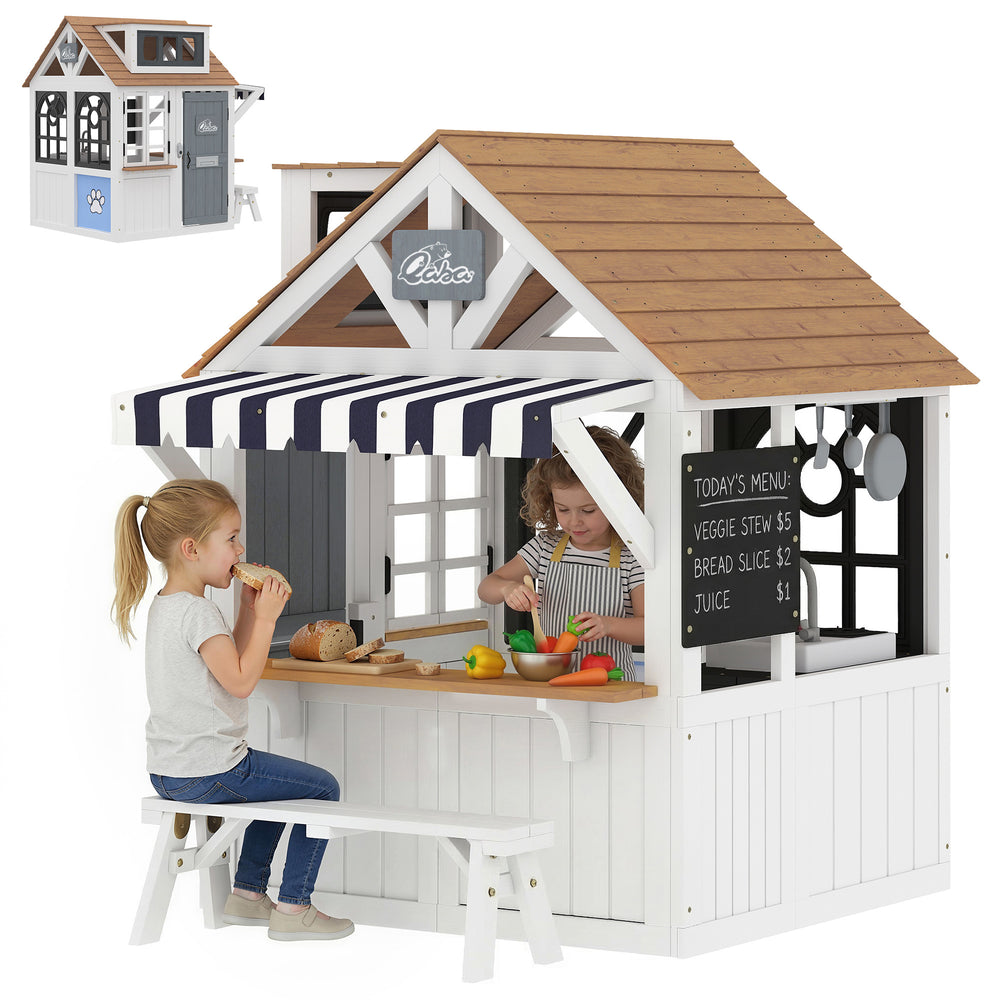 Wooden playhouse for children with cat flap, kitchen utensils, blackboard, bench, and doorbell