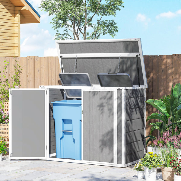 Garden shed for outdoor horizontal bin with chain lid, grey
