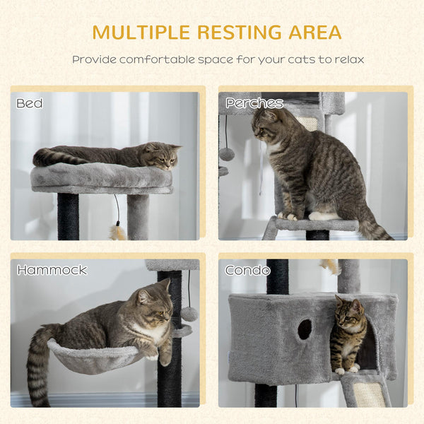 47" Cat Tree with Ramp, Hammock, Hanging Toys, Sisal Rope Scratching Post, Light Grey