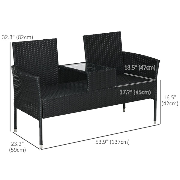 Patio furniture with coffee table and two-seater sofa in PE rattan with cushion, black