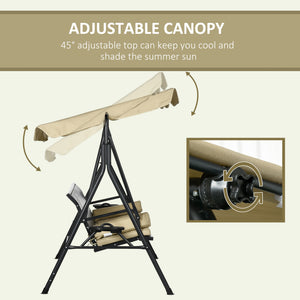 Outdoor 3-Seat Porch Swing with Canopy, Rattan Seat, Removable Cushion, Pillows and Steel Frame