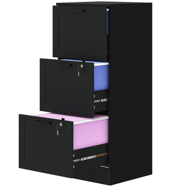 3-Drawer Filing Cabinet with Lock, Office Storage Cabinet with Adjustable Hanging Bars for A4 Files, Black