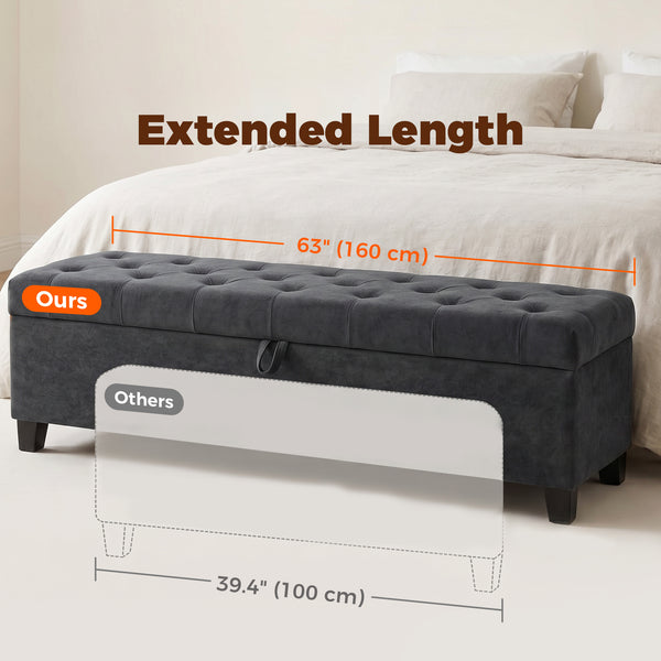 63" Upholstered Velvet Storage Bench, Dark Grey
