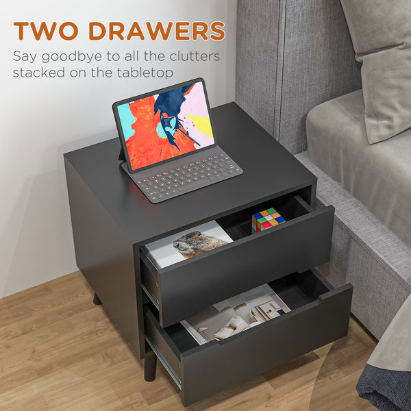 Modern bedside table with 2 drawers and solid wood legs, black