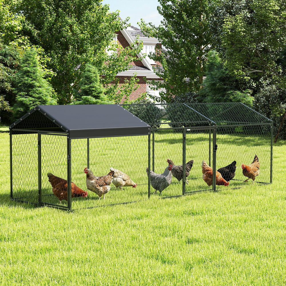 Large metal chicken coop with waterproof and anti-UV cover