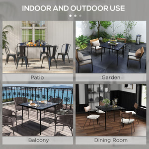 Outdoor dining table with tempered glass top with marble effect, black