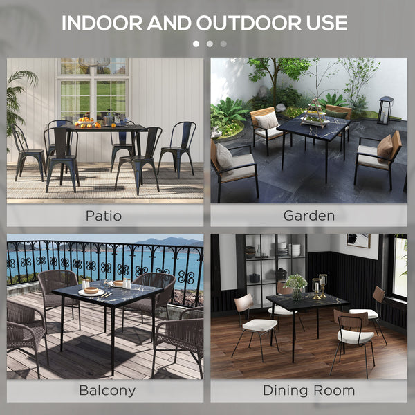 Outdoor dining table with tempered glass top with marble effect, black