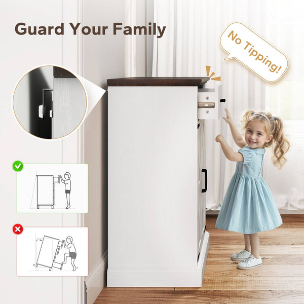 Country style sideboard, with 3 cm thick top, 2 barn doors, drawer and adjustable shelf, white