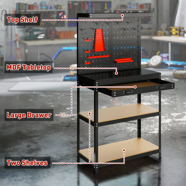 Sturdy metal workbench with 2 lower shelves and a large drawer, black