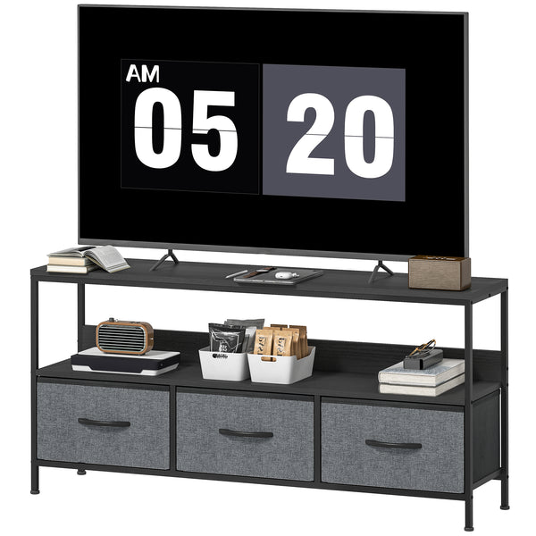 Black and charcoal gray TV stand for televisions up to 55 inches with 3 drawers