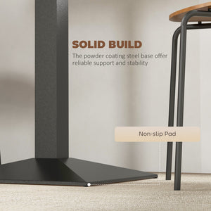 Square dining table with steel base, compact and space-saving, walnut-look.