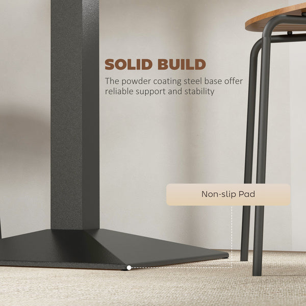 Square dining table with steel base, compact and space-saving, walnut-look.