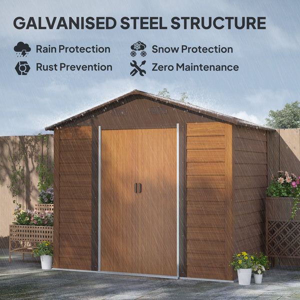 Outdoor metal garden shed with lock and ventilation, dark brown