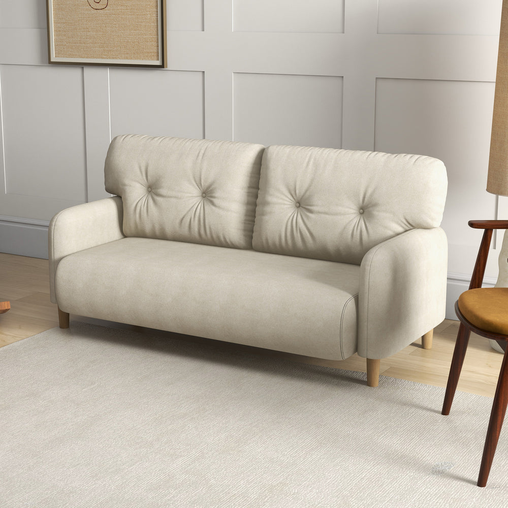 Modern upholstered two-seater sofa with solid wood frame, beige