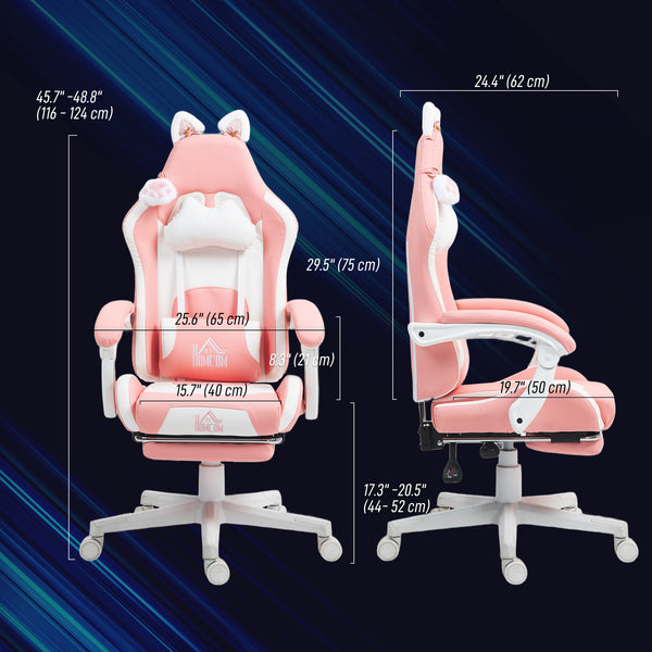 Gaming chair in faux leather with footrest, headrest and lumbar support, pink