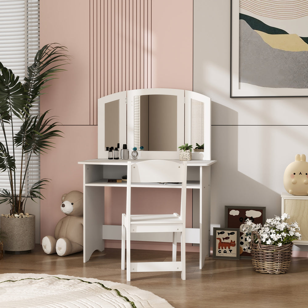 2-in-1 Dressing Table with Tri-Folding Mirror, Stool and Storage Shelf, White