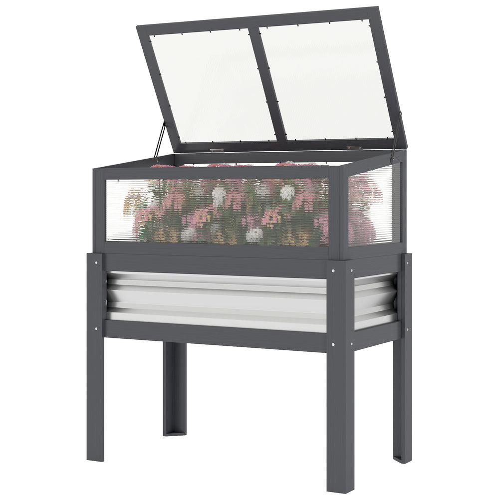 Raised planter with liftable greenhouse roof in wood with legs and lining, grey