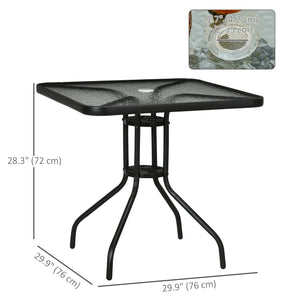Square dining table with parasol hole and tempered glass top, black