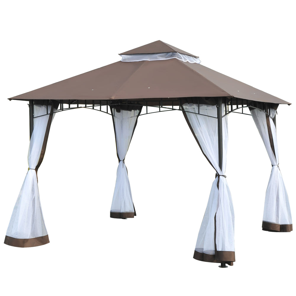 10' x 10' Double Tier Garden Gazebo Canopy Outdoor Sunshade Tent Anti-UV Roof with Metal Frame, Coffee