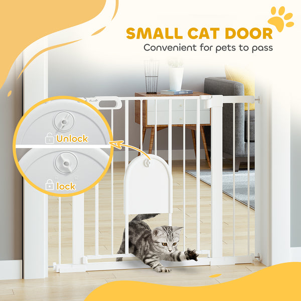 Extra-wide safety gate with small door, white
