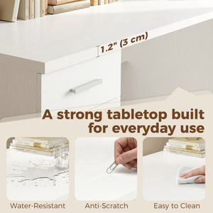 Computer desk with adjustable shelf, drawers and cabinet, white wood look.